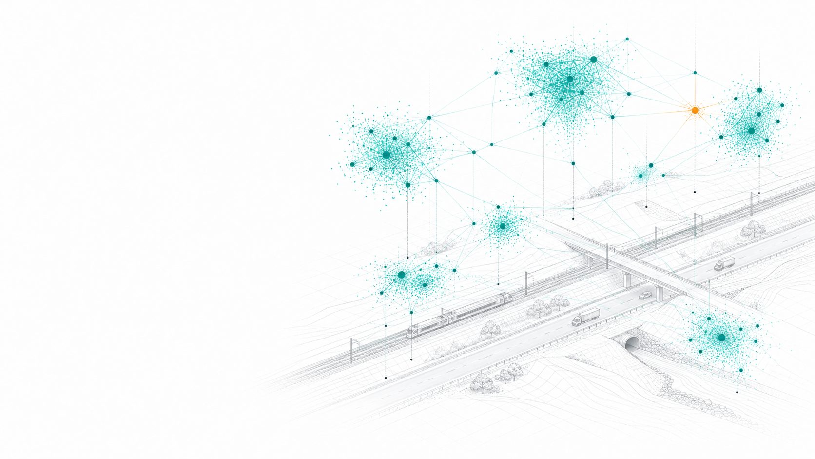 Clusters of linked teal points over a wireframe road and rail corridor