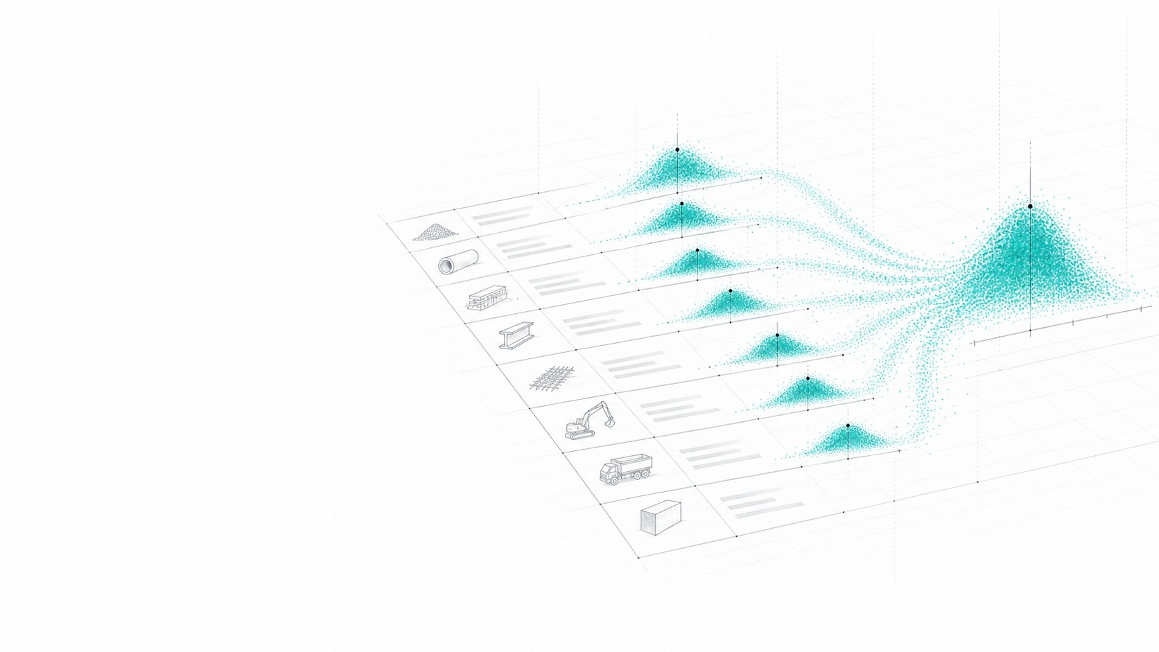 Small probability distributions rising from bill-of-quantities lines and merging into one total distribution