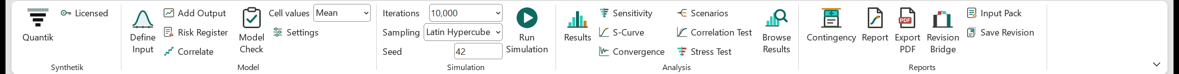 The Quantik tab in Excel 0.8.0: Synthetik (Quantik, Licence), Model (Define Input, Add Output, Risk Register, Correlate, Model Check, Cell values, Settings), Simulation (Iterations, Sampling, Seed, Run Simulation), Analysis (Results, Sensitivity, S-Curve, Convergence, Scenarios, Correlation Test, Stress Test, Browse Results) and Reports (Contingency, Report, Export PDF, Revision Bridge, Input Pack, Save Revision).