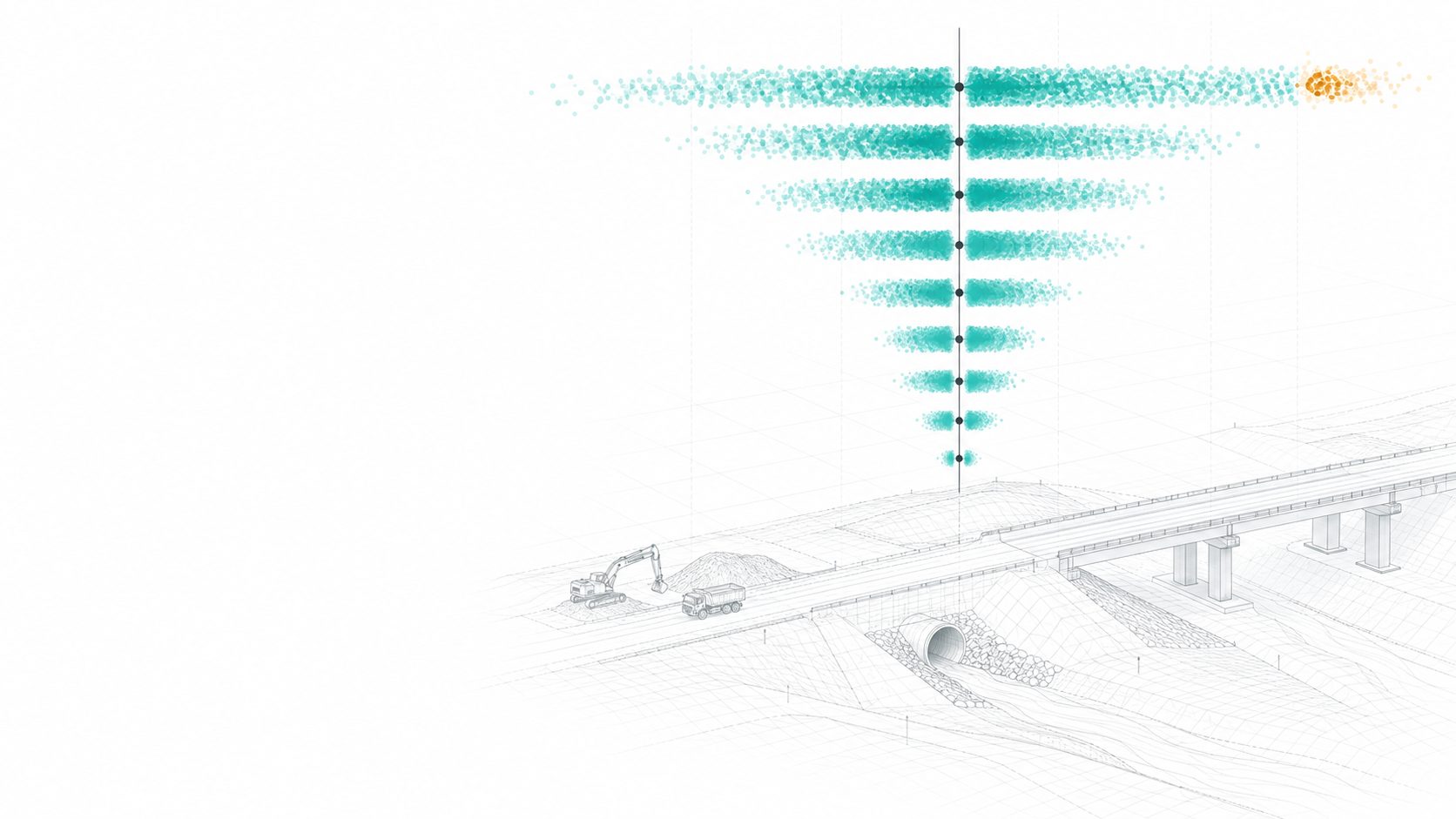 Horizontal bars of teal points spreading from a central axis above a road construction site